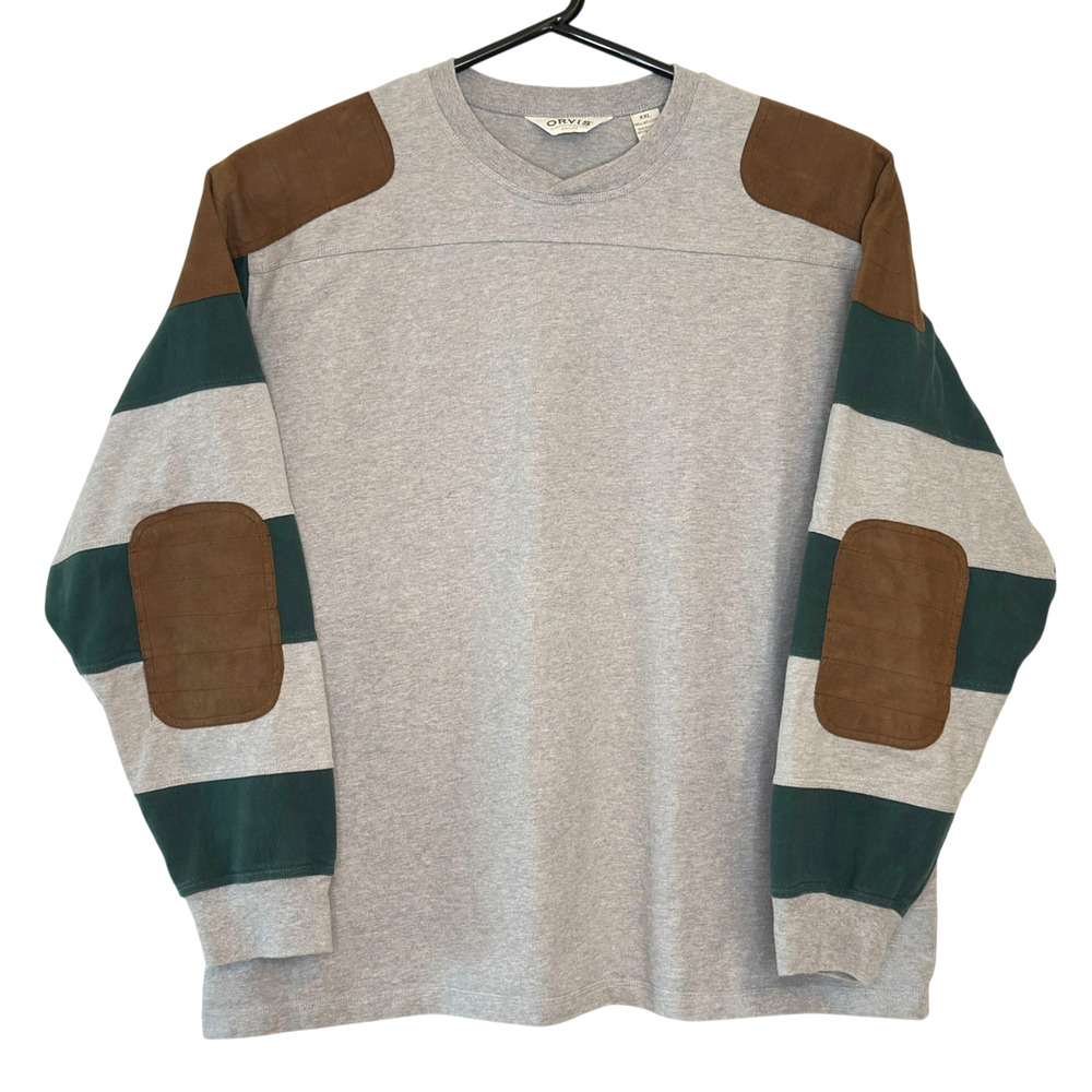 Orvis Rugby Sweatshirt Mens XXL Crew Brown Patch Gray Green Stripe Retro Sport